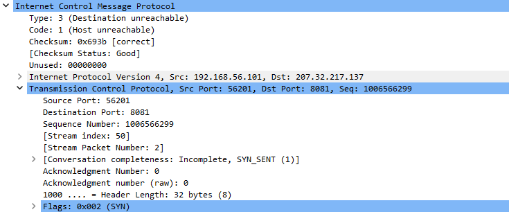 (ex. 15 - SYN packet details, wireshark)